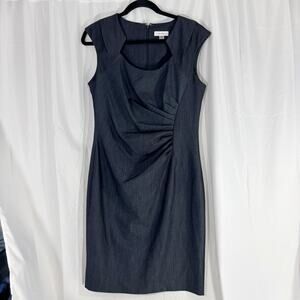 Calvin Klein Chambray Blue Sheath Dress 12 – Sleek Pleated Side, Work to Weekend